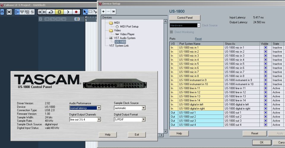 US-1800 Devices->Device Setup & Control Panel within Cubase LE5